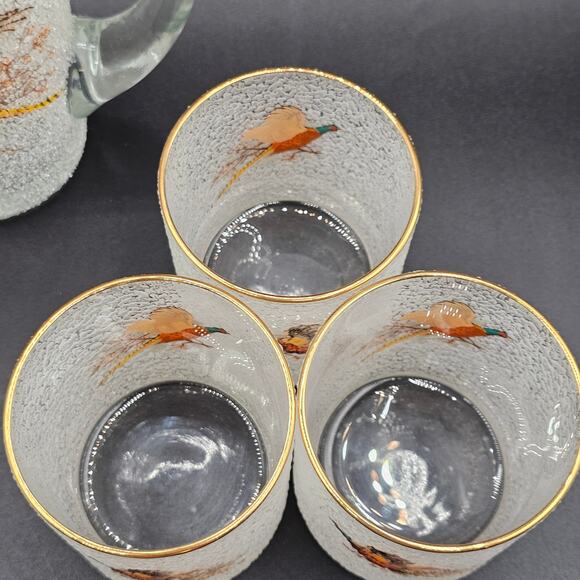 Vintage Pebble Rock Martini Pitcher Set Pheasant Gold Rim 6 Glasses Stirrer 50s - Picture 7 of 9